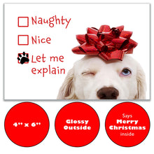 Load image into Gallery viewer, Front of the 'Let Me Explain' Christmas card, measuring 4" x 6", featuring a glossy finish with a playful dog and humorous text. The inside includes a preprinted 'Merry Christmas' message, ideal for a fun and festive holiday greeting.
