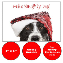 Load image into Gallery viewer, Front of "Feliz Naughty Dog" Christmas card, glossy 4"x6" exterior, says "Merry Christmas" inside.