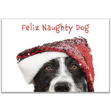 Load image into Gallery viewer, Feliz Naughty Dog" Christmas card featuring a Border Collie in a sparkly Santa hat with the words "Feliz Naughty Dog" in bright red.