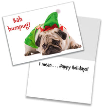 Load image into Gallery viewer, Front and inside view of 'Bah Humpug!' Christmas card featuring a grumpy pug with the message 'Bah Humpug!' on the front and 'I mean… Happy Holidays!' inside.