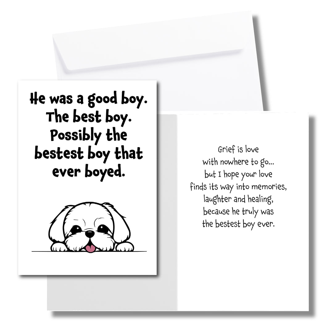 A sympathy card for the loss of a dog. The front has an illustration of a white dog and says, 