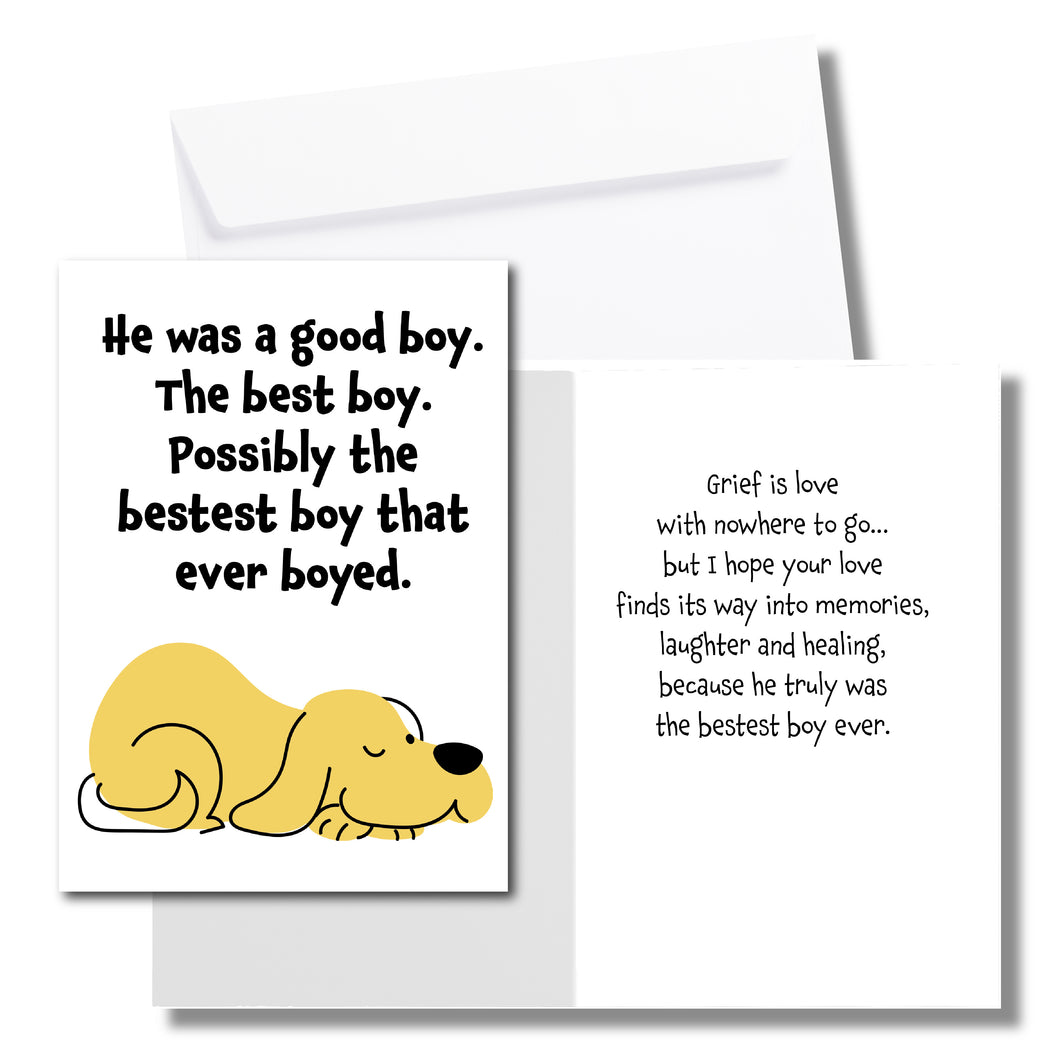A sympathy card for the loss of a dog. The front has an illustration of a yellow dog and says, 