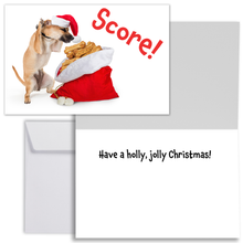 Load image into Gallery viewer, Funny Chihuahua Christmas Cards - Dog Scores a Full Stanta Bag of Treats - 4x6&quot; Set of 20
