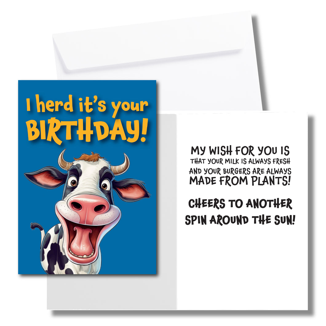 I Herd It's Your Birthday! Cow Birthday Card - Great for Vegetarians
