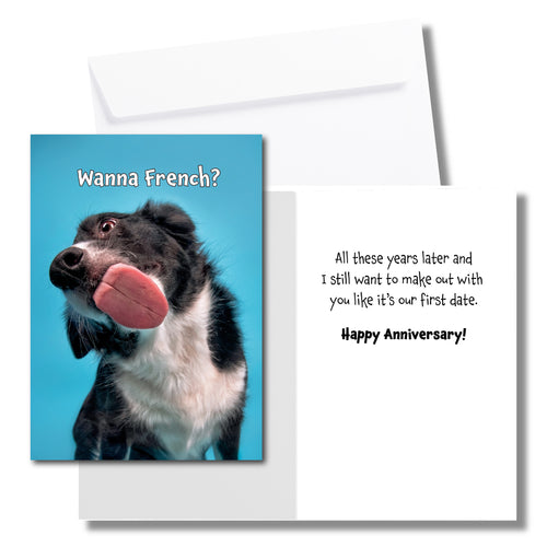 A humorous anniversary card with a licking dog on a blue background. The front says, 