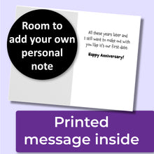 Load image into Gallery viewer, An anniversary greeting card. The inside reads, &quot;All these years later and I still want to make out w!ith you like it&#39;s our first date. Happy Anniversary&quot; A purple banner at the bottom that says, &quot;Printed message inside&quot; and a black circle with text that says, &quot;Room to add your own personal note.&quot;
