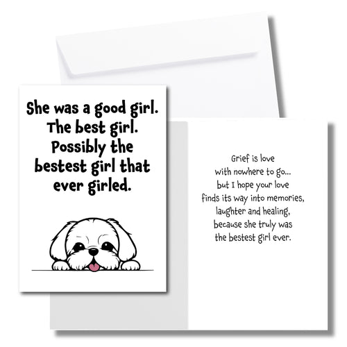 A sympathy card for the loss of a dog. The front has an illustration of a white dog and says, 