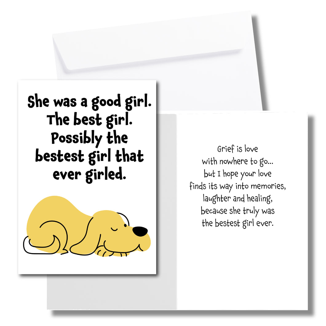 A sympathy card for the loss of a dog. The front has an illustration of a yellow dog and says, 