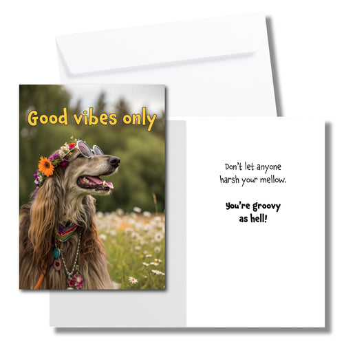 A greeting card with a hippie Irish setter sitting in a field of flowers, wearing a crown of flowers and round glasses. The front says, 