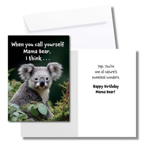 A birthday card for mom with koala bear sitting in the trees. The front says, 
