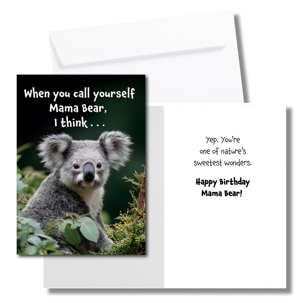 A birthday card for mom with koala bear sitting in the trees. The front says, 