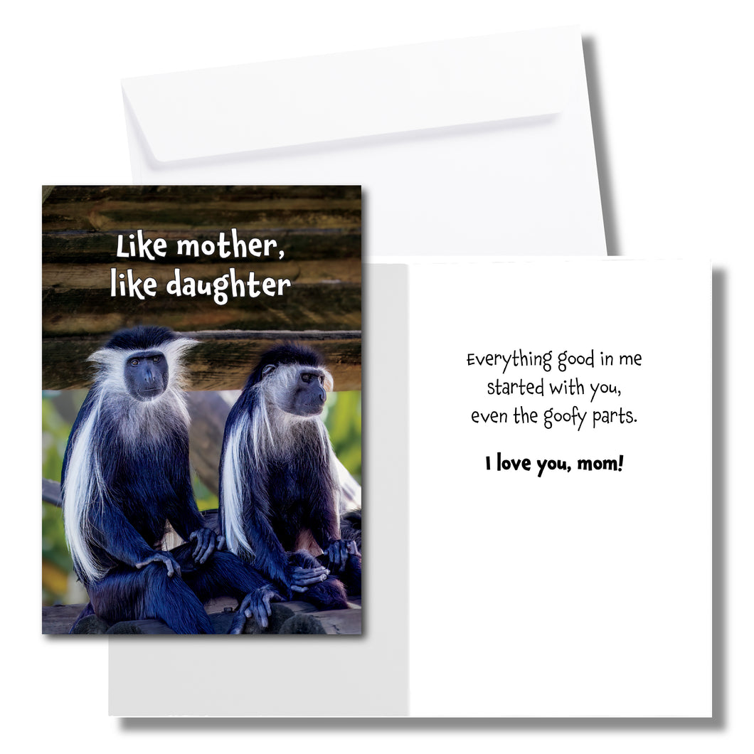 A humorous card for mom with two monkeys. The front says, 