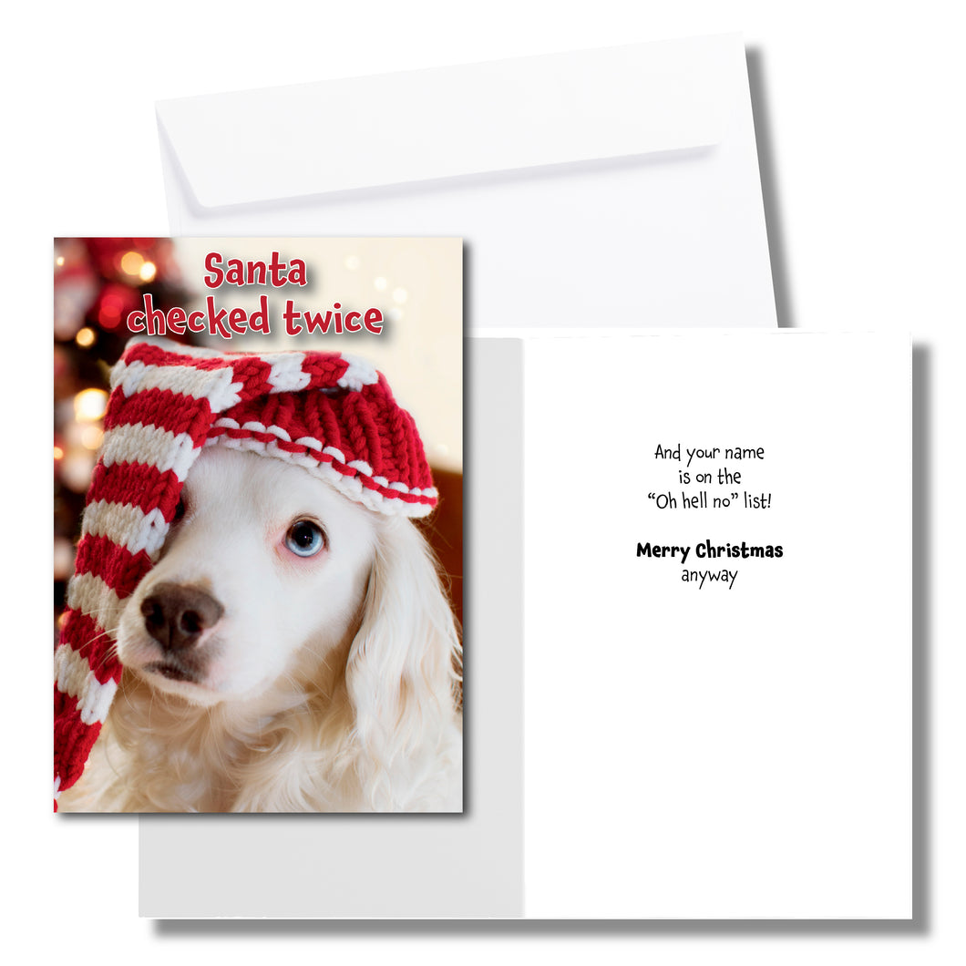 Funny Dog Christmas Card – “Santa Checked Twice”
