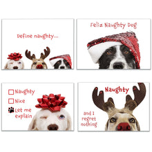 Load image into Gallery viewer, Funny Naughty Dog Christmas Cards in four festive designs
